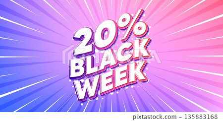 Black week sun rays gradient banner. Light burst background. Black week 20 percent sale. Special discount sign. Black friday offer symbol. Gradient sun rays. Sunburst light. Vector 135883168