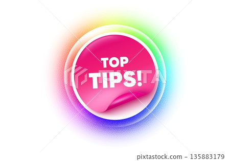 Top tips sticker rainbow gradient. Paper offer price tag. Top tips tag. Education faq sign. Best help assistance. Sticker label. Grain dots effect. Vector 135883179