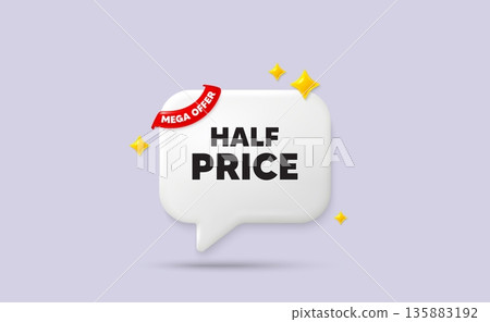 Half price chat speech bubble. Mega offer flag ribbon. Half Price tag. Special offer Sale sign. Advertising Discounts symbol. 3d sparkle stars speech bubble. Vector Half price chat speech bubble. Mega offer flag ribbon. Half Price tag. Special offer Sale sign. Advertising Discounts symbol. 3d sparkle stars speech bubble. Vector 135883192