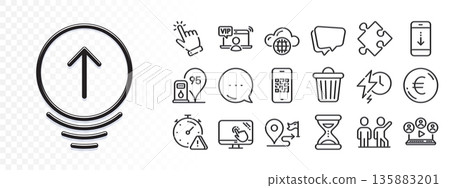 Cursor, Strategy and Speech bubble line icons for web app. Glare of light effect. Message icon. Pack of Journey, Trash bin, Cloud computing pictogram icons. Vector 135883201
