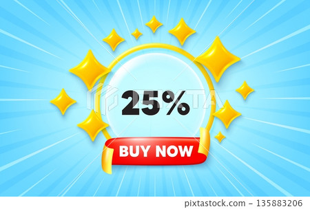 Discount sunburst ray banner. Buy now flag ribbon. 25 percent off sale tag. Discount offer price sign. Special offer symbol. 3d stars glitter. Red ribbon tag. Discount offer. Vector 135883206