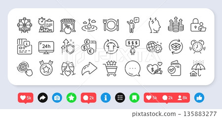 Currency rate, Fishing float and Verification document line icons pack. Social media: share, comment, like icons. Seo gear, 24h service, Time management web icon. Vector Currency rate, Fishing float and Verification document line icons pack. Social media: share, comment, like icons. Seo gear, 24h service, Time management web icon. Vector 135883277