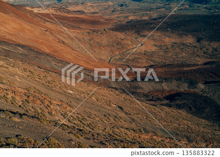 Ancient Lava Landscape Teide National Park Seen from Cable Car, Volcanic Crater Ancient Lava Landscape Teide National Park Seen from Cable Car, Volcanic Crater 135883322