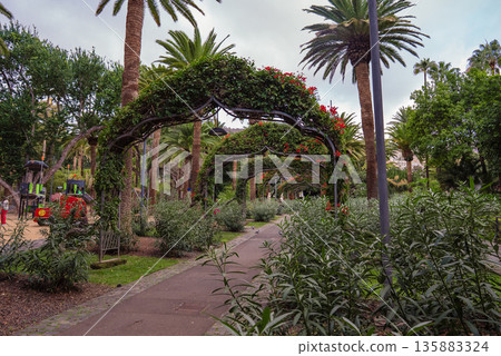 Tropical Pergola Walkway with Flowering Arches in Garcia Sanabria Park Tropical Pergola Walkway with Flowering Arches in Garcia Sanabria Park 135883324