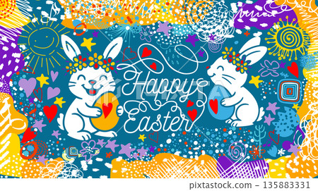 Easter bunnies on a card. Happy Easter. hand drawn. Not AI, Vector illustration Easter bunnies on a card. Happy Easter. hand drawn. Not AI, Vector illustration 135883331