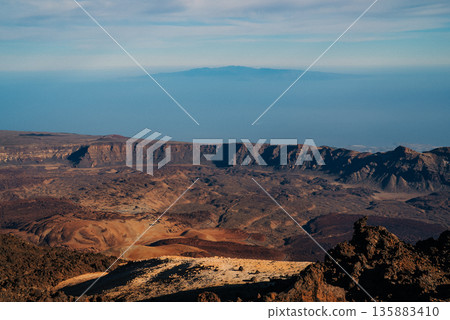 Panoramic Ocean View from Mount Teide with Canary Islands on Horizon. Tenerife. Panoramic Ocean View from Mount Teide with Canary Islands on Horizon. Tenerife. 135883410