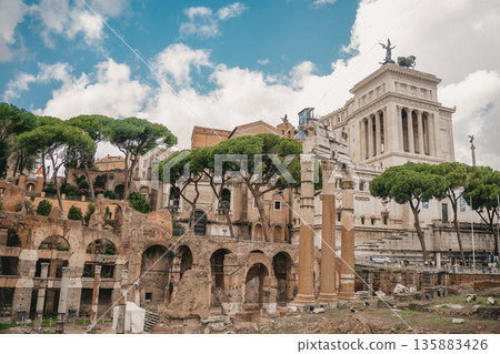 Panoramic View Of The Roman Forum. Ancient ruins, stone columns, historic landmarks bathed in warm sunlight. Panoramic View Of The Roman Forum. Ancient ruins, stone columns, historic landmarks bathed in warm sunlight. 135883426