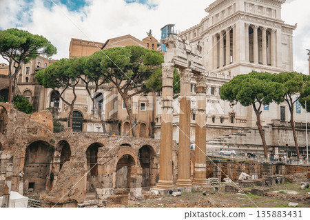 Panoramic View Of The Roman Forum. Ancient ruins, stone columns, historic landmarks bathed in warm sunlight. 135883431