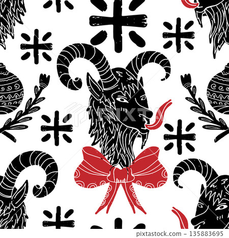 Krampus. Christmas theme linocut style, hand-drawn style, textured pattern, seamless surface 135883695