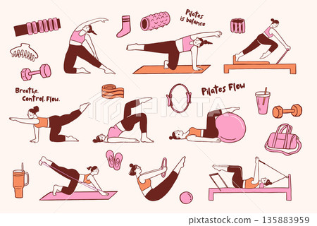 Pilates poses illustrations collection. Minimalist drawings of women exercising and stretching. Pilates poses illustrations collection. Minimalist drawings of women exercising and stretching. 135883959