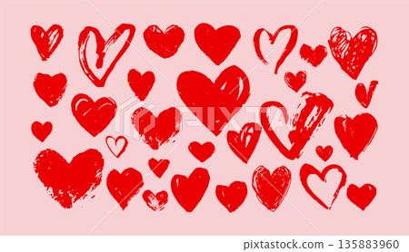 Red hand drawn hearts collection on pink background. Heart doodles set for Valentines day Red hand drawn hearts collection on pink background. Heart doodles set for Valentines day 135883960