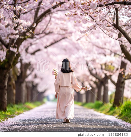 An image depicting a woman walking along a road lined with cherry blossoms in full bloom, holding a bouquet of flowers, enjoying the quiet moment of spring. 135884183