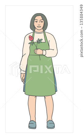 Female florist holding a single flower. Minimal illustration of flower shop worker or small business owner. Floristry and retail concept. 135884349