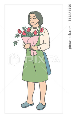 Female florist holding a fresh flower bouquet. Small business owner in apron, minimal flat illustration style. Floristry, handmade flowers, retail concept. Female florist holding a fresh flower bouquet. Small business owner in apron, minimal flat illustration style. Floristry, handmade flowers, retail concept. 135884350