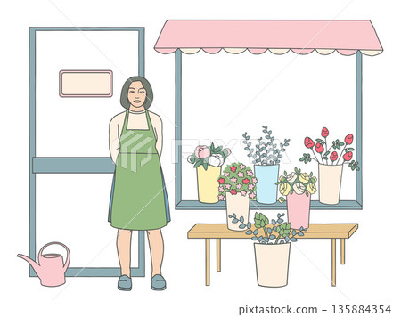 Small flower shop exterior with florist woman standing outside. Local business, retail storefront, floristry concept. 135884354