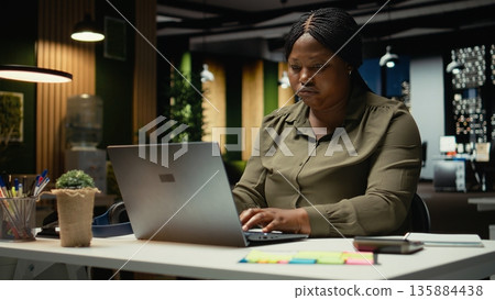 Black female assistant tensed and burdened in dark office after hours, experiencing workplace challenges. Discouraged woman struggling with intense workload and sleep deprivation. Camera A. 135884438