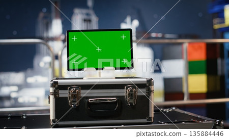 Chroma key display on empty offshore oil platform serves as testing site for advanced software used in equipment calibration, logistics tracking and automation of marine petroleum operations. Chroma key display on empty offshore oil platform serves as testing site for advanced software used in equipment calibration, logistics tracking and automation of marine petroleum operations. 135884446