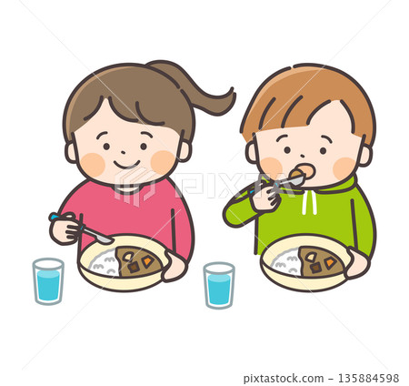男孩和女孩吃咖哩飯的插圖 135884598