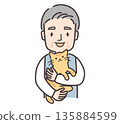 Illustration of a senior man holding a brown tabby cat 135884599