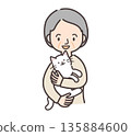 Illustration of a senior woman holding a white cat 135884600