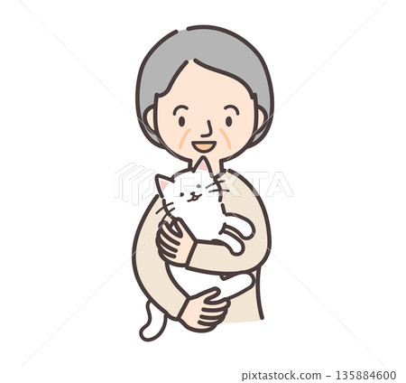 一位老年婦女抱著一隻白貓的插圖 一位老年婦女抱著一隻白貓的插圖 135884600