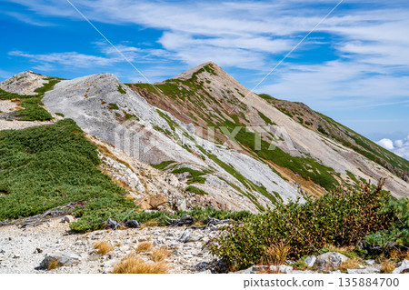 View of Mount Korenge (Dainichi-dake) from the border of the three countries. Traverse from Hakuba-Oike to Mount Hakuba in the Northern Alps. 135884700