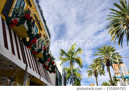Palm Trees and Festive City Architecture with Holiday Garlands Palm Trees and Festive City Architecture with Holiday Garlands 135884781