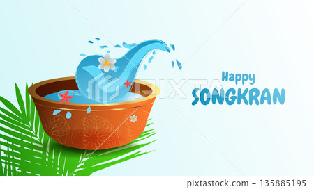 Songkran Thai New Year Water Festival Splash Vibrant flowers and joyful. For ads, web design, marketing. illustration. 135885195