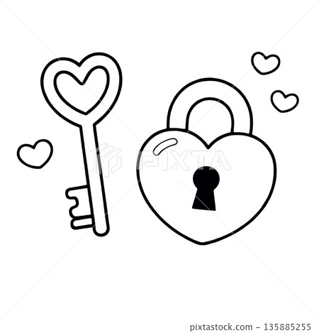Heart key heart lock love romance security happiness outline simple cute black and white Heart key heart lock love romance security happiness outline simple cute black and white 135885255