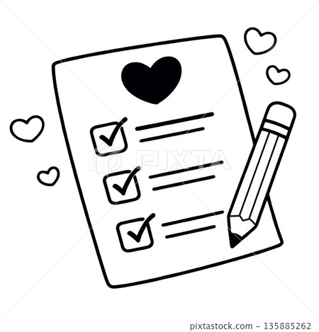 Checklist heart pencil love drawing cute black and white illustration simple happy 135885262