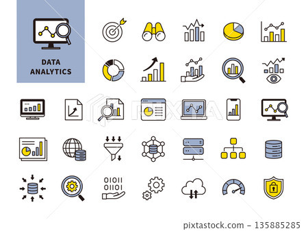 A business icon set representing data analysis, statistics, and visualization 135885285