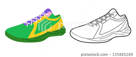 Basketball sneaker shoe flat plus line set. Statement court footwear for poster, merch, fashion concept for man woman 135885289