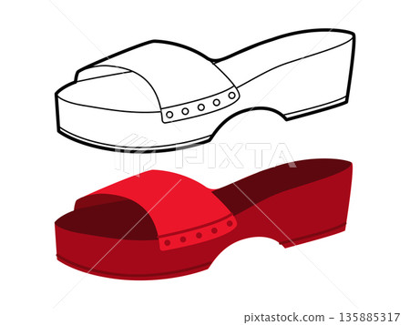 Red clog sandal shoe women flat plus line set. Platform slide sandal for lifestyle blog resort project. Red clog sandal shoe women flat plus line set. Platform slide sandal for lifestyle blog resort project. 135885317
