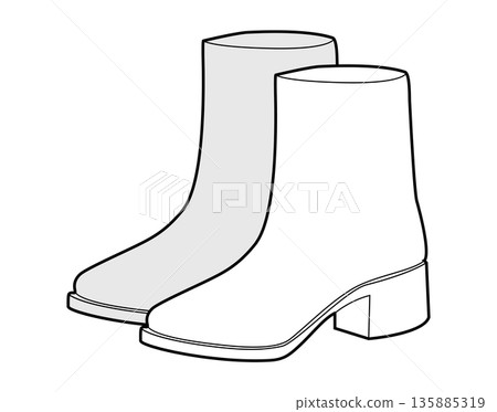 Block heel ankle boot women sketch pair. Clean shaft boot for smart city outfit and everyday wear. Technical fashion CAD Block heel ankle boot women sketch pair. Clean shaft boot for smart city outfit and everyday wear. Technical fashion CAD 135885319