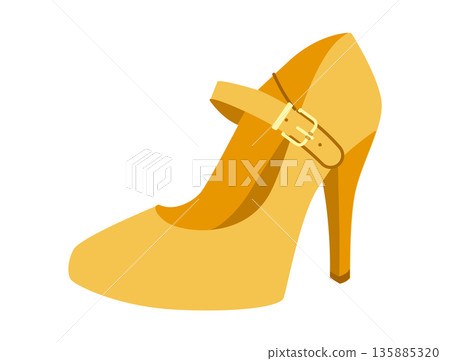 Mary Jane pump women yellow heel flat shoe. Strap round toe vintage dress footwear for party, wedding, cute outfit, 135885320
