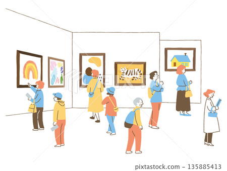 博物館裡的人們正在欣賞畫作_顏色 135885413
