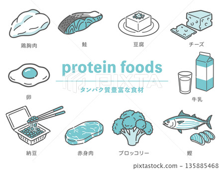 一組富含蛋白質的食物（肉類、魚類、豆類、乳製品、蔬菜）插圖 135885468