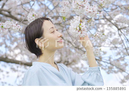 一個女人看著盛開的櫻花 135885891