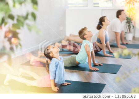 Pleasant little girl practicing cobra pose of yoga with her family 135886168