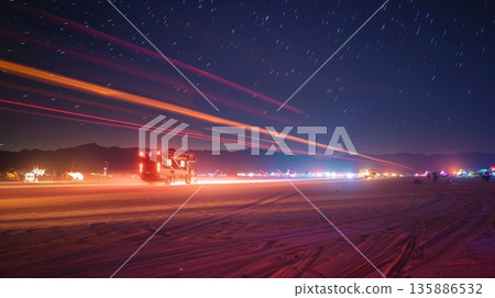 In the distance the light trails of a caravan could be seen approaching the festival adding to the sense of adventure and exploration in the desert 135886532