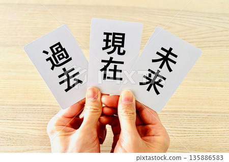 一個人手裡拿著過去、現在和未來的牌。 135886583