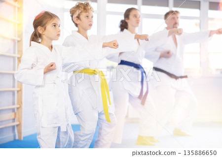 Family with children training karate techniques Family with children training karate techniques 135886650