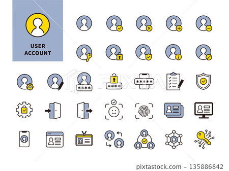 A business icon set representing user management, account settings, and authentication 135886842
