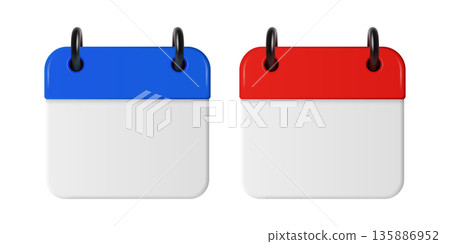 Vector 3d Blue and Red Calendar Icon Set. Blank Calendar Icon Template for Planner, Schedule, Organizer, Date Reminder. Office Design Element, Modern Calendar, Front View 135886952