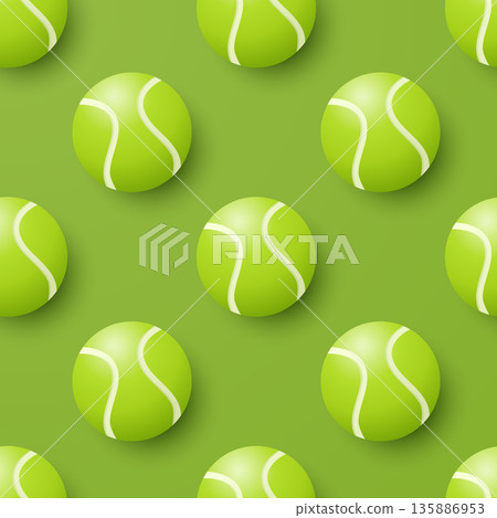 Vector 3d Green Tennis Ball Seamless Pattern. Green Vector Background with 3d Tennis Balls. Repeat Tile for Sports Design, Tennis Ball Pattern for Textile, Packaging, Gift Wrap, Fabric 135886953