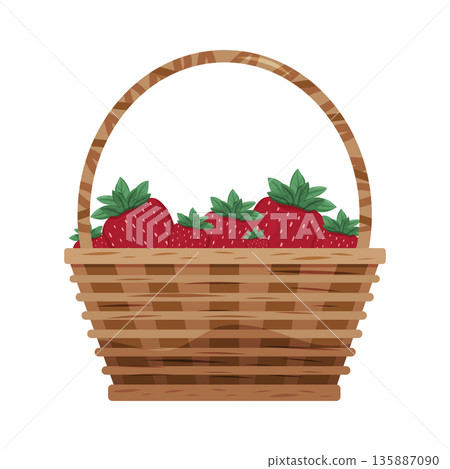 Wicker basket filled with ripe strawberries.freshness and organic harvest 135887090
