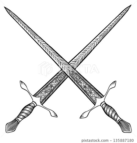 Crossed swords in engraved style. Detailed swords black and white vintage illustration. Monochrome vector artwork on white background Crossed swords in engraved style. Detailed swords black and white vintage illustration. Monochrome vector artwork on white background 135887180