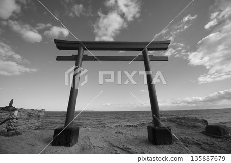Red Torii Gate by the Sea Monochrome Version 135887679