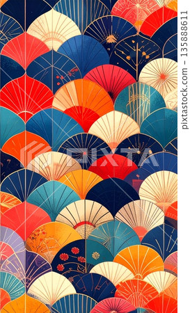 Modern color scheme kimono-style geometric Japanese pattern background 135888611