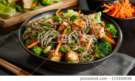 A vegetarian delight featuring a generous portion of soba noodles tossed with an assortment of fresh crisp veggies and proteinrich tofu A vegetarian delight featuring a generous portion of soba noodles tossed with an assortment of fresh crisp veggies and proteinrich tofu 135888696